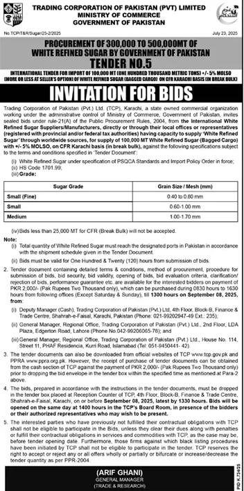 Trading Corporation of Pakistan Tender Notice